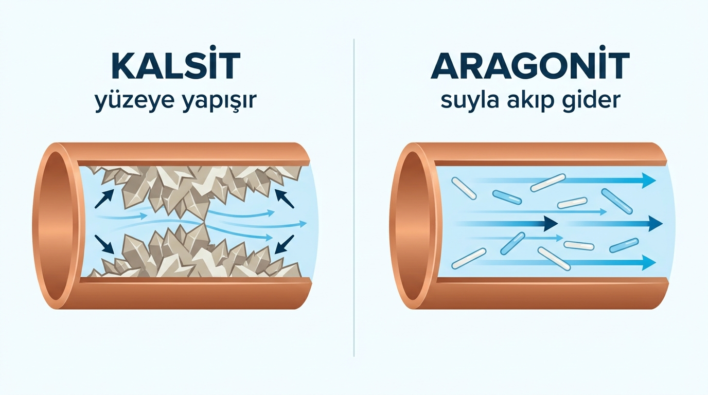Kalsit kristalleri boru yüzeyine yapışırken aragonit kristallerinin suyla akıp gittiğini gösteren karşılaştırma çizimi