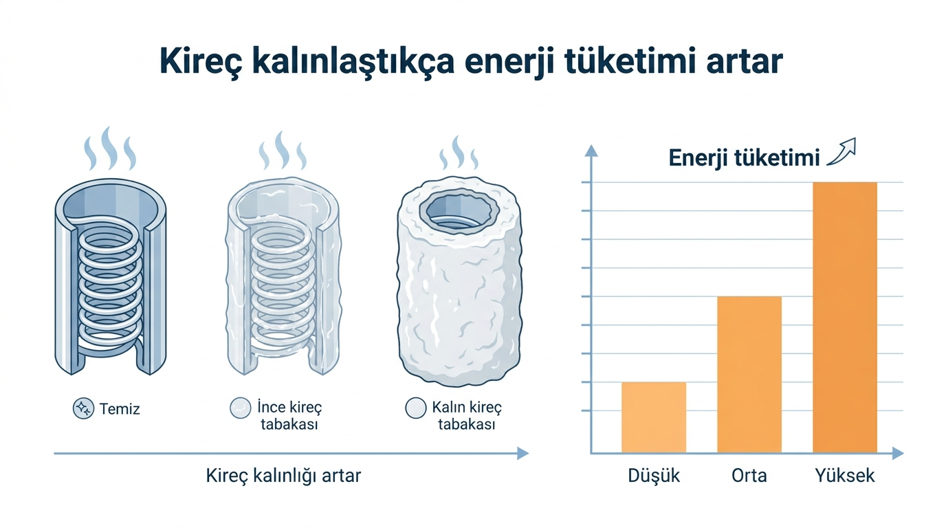 Rezistans üzerindeki kireç tabakası kalınlaştıkça enerji tüketiminin artışını gösteren infografik